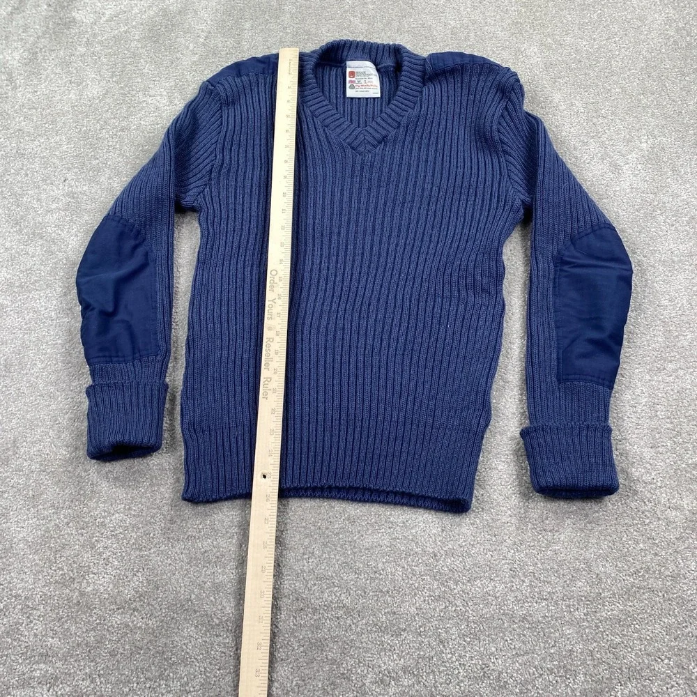 Brigade Quartermasters Wool Pullover Men L 42 Dark Blue V-Neck Elbow Patches